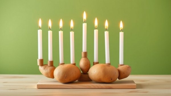 DIY potato menorah for Hanukkah with lit candles on green background.