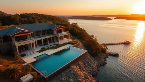 Luxurious estate with infinity edge pool in Texas at sunset.