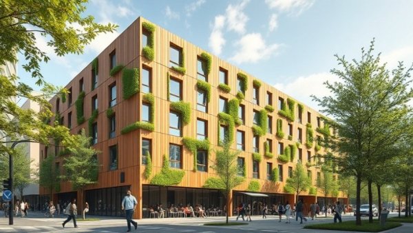 Modern mass timber building with green facade in urban setting.