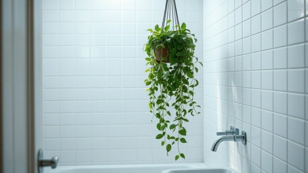 Bright bathroom with humidity-loving plant and serene ambiance.