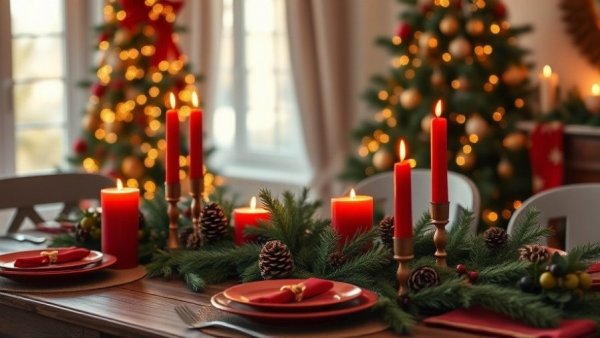 Natural holiday table setting with candles and greenery.