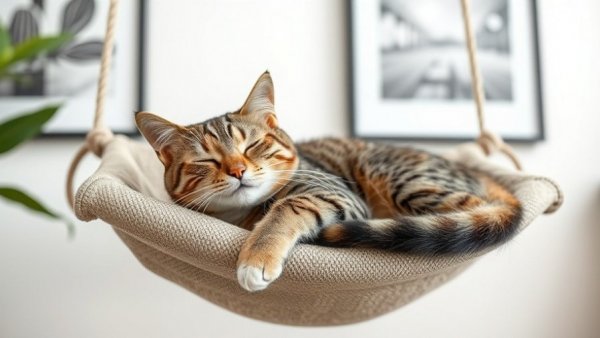 Content tabby cat on wall-mounted cat hammock, holiday pet gifts 2025.