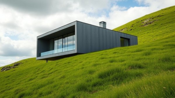Modern house with large windows on grassy hill, Top Architecture Projects of 2025.