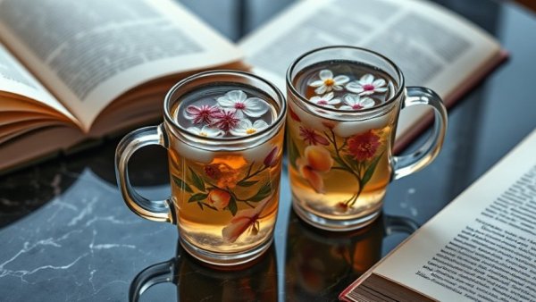 TRAGA Mario Mug with steaming floral tea on marble