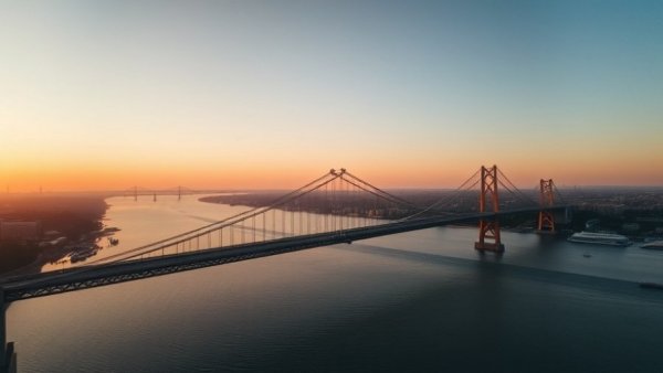 Aerial view of bridge at sunset with river and cityscape for Skanska Koch new general manager article.