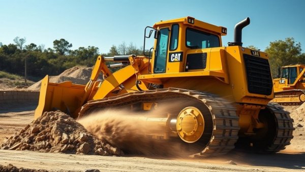 Caterpillar bulldozer at construction site, blue sky background.
