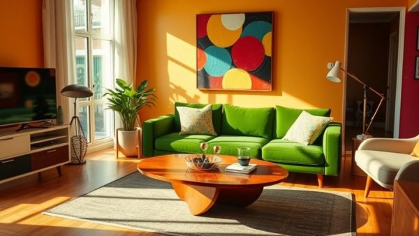 Bright and colorful retro living room decor, winter apartment.