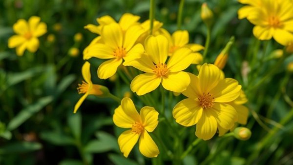 Yellow perennial plants for pollinators in lush greenery.