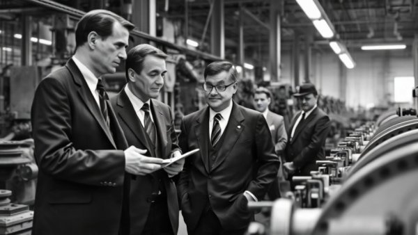 Historical business meeting in an industrial setting involving machinery inspection.