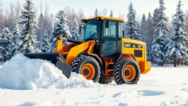Compact wheel loader clearing snow in bright daylight.