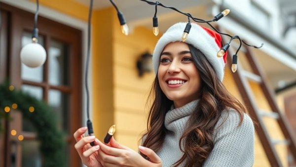 Smiling woman hanging holiday lights outdoors, wearing a Santa hat.