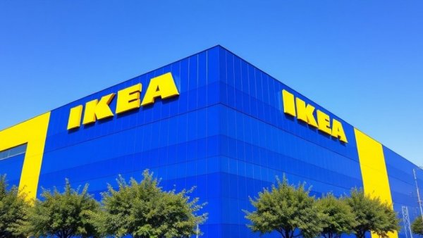 IKEA building with vibrant blue and yellow colors against a clear sky