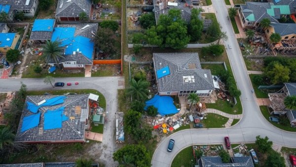 Aerial view of hurricane-damaged area showcasing debris and structural damage. Hurricane preparedness tips.