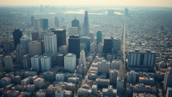 Aerial urban landscape with skyscrapers and residential areas under daylight.