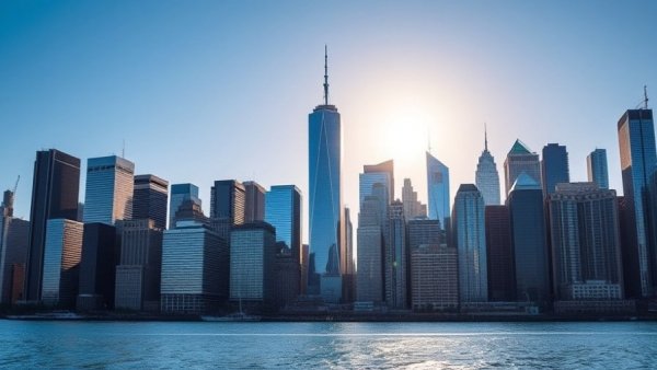 NYC skyline showcasing skyscrapers and East River on a sunny day.