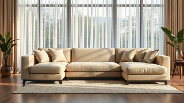 West Elm Oliver sofa review: Beige sofa in bright room with wooden table.