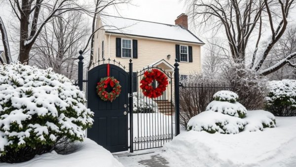 Charming front yard with winter decorations and snow-covered landscape.