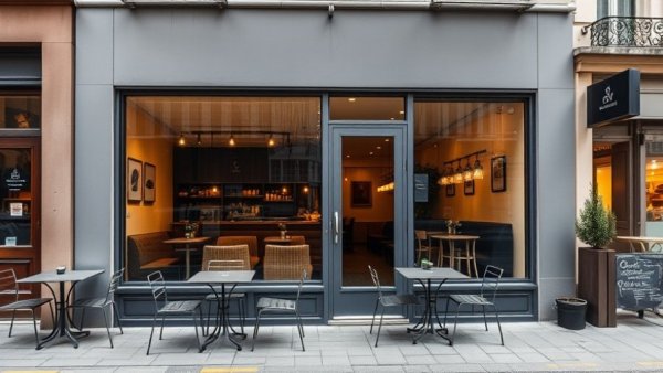 Modern cafe exterior with minimalist design in Brussels, showcasing sustainable luxury.