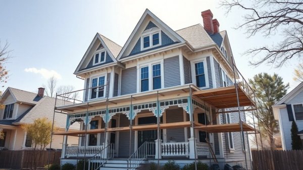 Victorian-style house renovation with scaffolding in sunlight, suburban setting.