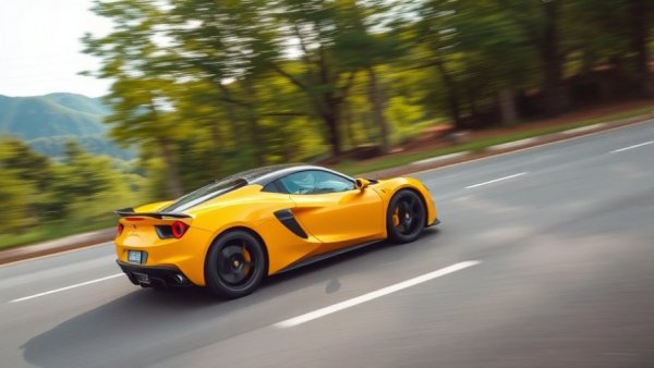 Fast yellow sports car driving quickly on scenic road, Does speeding save time