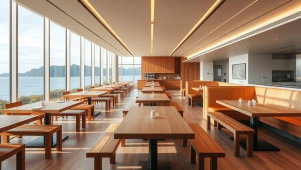 Modern dining room with linear lighting and ocean view, 2025 home lighting trends.