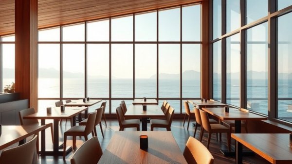 Dining area with sustainable lighting trends showcasing natural light and ocean view.
