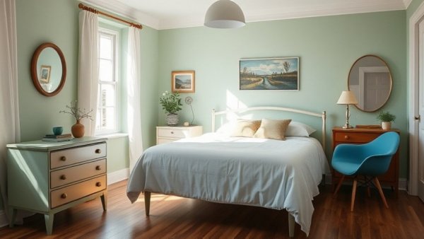 Vintage bedroom with Horizontal Method Bed Styling, cozy and stylish decor.