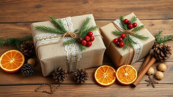 Incorporate Herbs into Your Holiday Decor with rustic burlap-wrapped gifts.