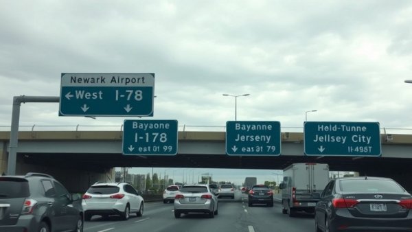 Navigate highway signs directing to Newark Airport and Holland Tunnel.