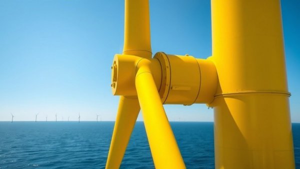 Close-up of offshore wind turbine base on calm ocean, sunny day.
