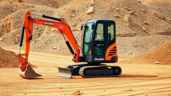 Develon DX35Z-7 Mini Excavator on gravel site, side view.