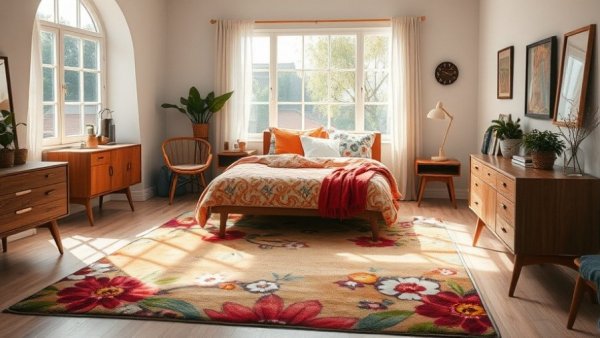 Cozy bedroom with a vibrant floral washable rug and colorful bedding, best washable rugs 2023.