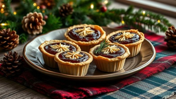 Delicious homemade Christmas mince pies, rustic ceramic plate.