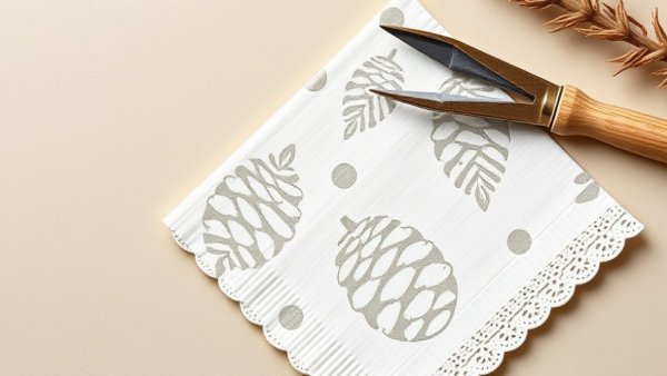 Simple DIY stamped napkin with white pinecone pattern for last minute DIY gifts.