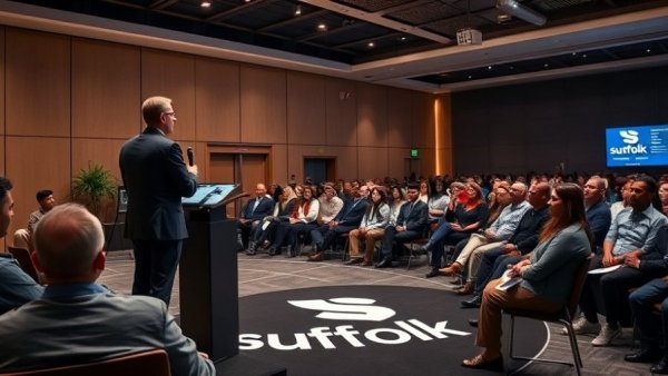 Suffolk Boost Demo Day speaker presenting to an attentive audience at a tech event.