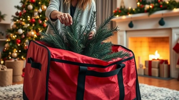 Woman using Christmas tree storage bag in cozy decorated room.