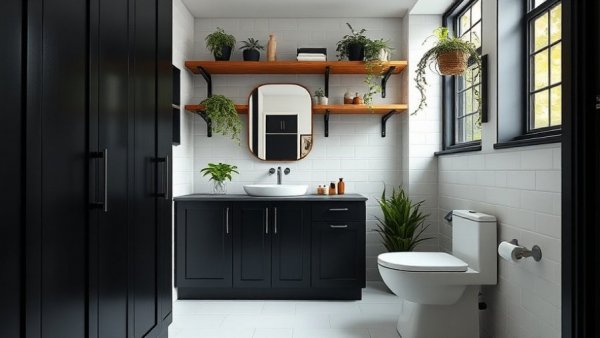 Smart bathroom storage solutions featuring black cabinets and wooden shelves in a small, modern space.
