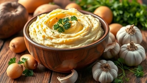Rustic vegan mashed potatoes with parsley on wooden table.