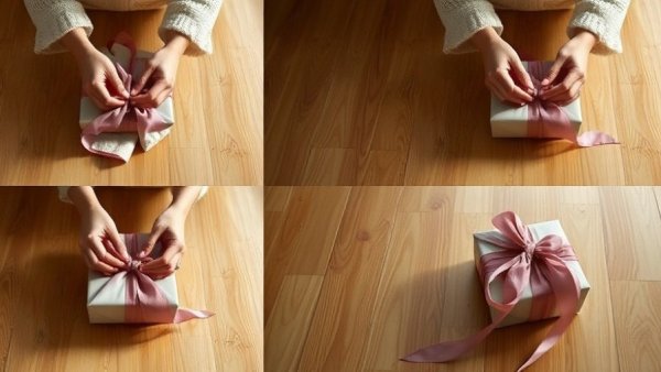 Step-by-step Furoshiki gift wrapping tutorial on wooden floor.