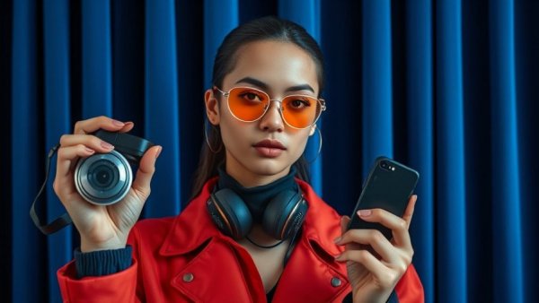 Futuristic fashion attire with innovative accessories against blue curtains.