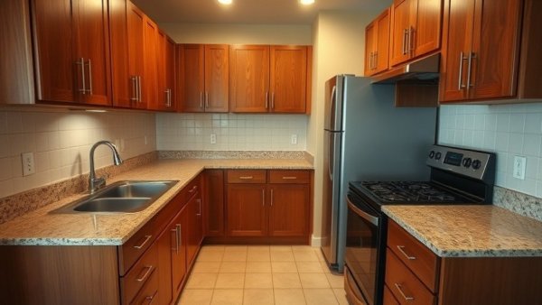2000s kitchen makeover with granite countertops and wooden cabinets.