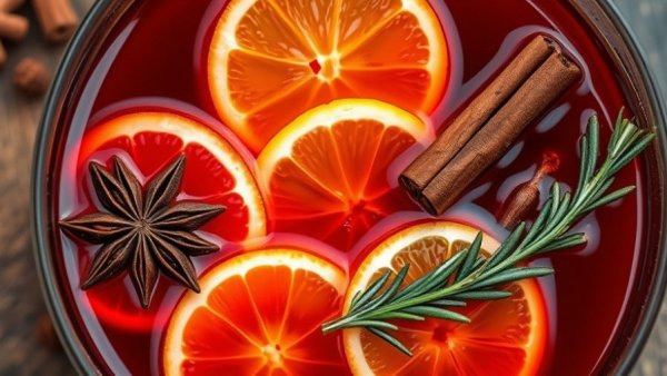 How to Make Mulled Wine: Aromatic spices and citrus slices in a pot.