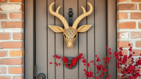 Rustic doorway with foraged holiday decor featuring straw head and berries.