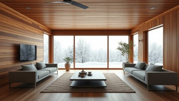 Modern minimalist living room with wooden design, 2025 architecture.