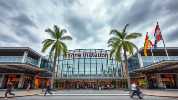 Modern Vietnamese train station with palm trees, Vietnam Rail Megaproject.