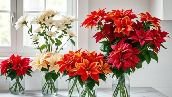Assorted poinsettia holiday decor ideas with colorful stems in glass vases.