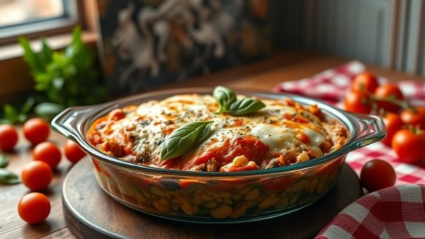 Delicious vegetable casseroles with cheese and basil on wooden table.