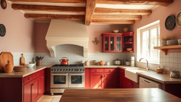 Burgundy and Blush Kitchen Design with rustic charm and natural lighting.