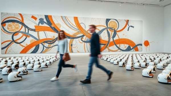 2025 Year in Review Art installation with abstract mural and helmets.