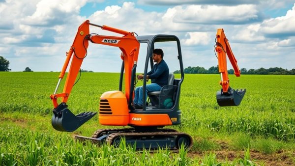 Modern mini excavator in field, showcasing top construction gear for 2025.